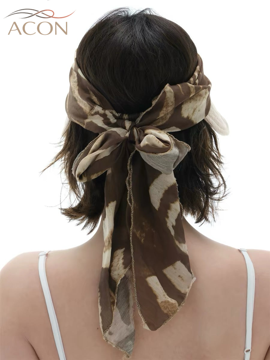 ACON Vacation Scarf Tie Back Wide Brim Sun Visor, Women Open Top UV Protection Beach Hat, Vintage Print Ribbon Bow Summer Travel Visor