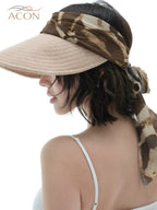 ACON Vacation Scarf Tie Back Wide Brim Sun Visor, Women Open Top UV Protection Beach Hat, Vintage Print Ribbon Bow Summer Travel Visor