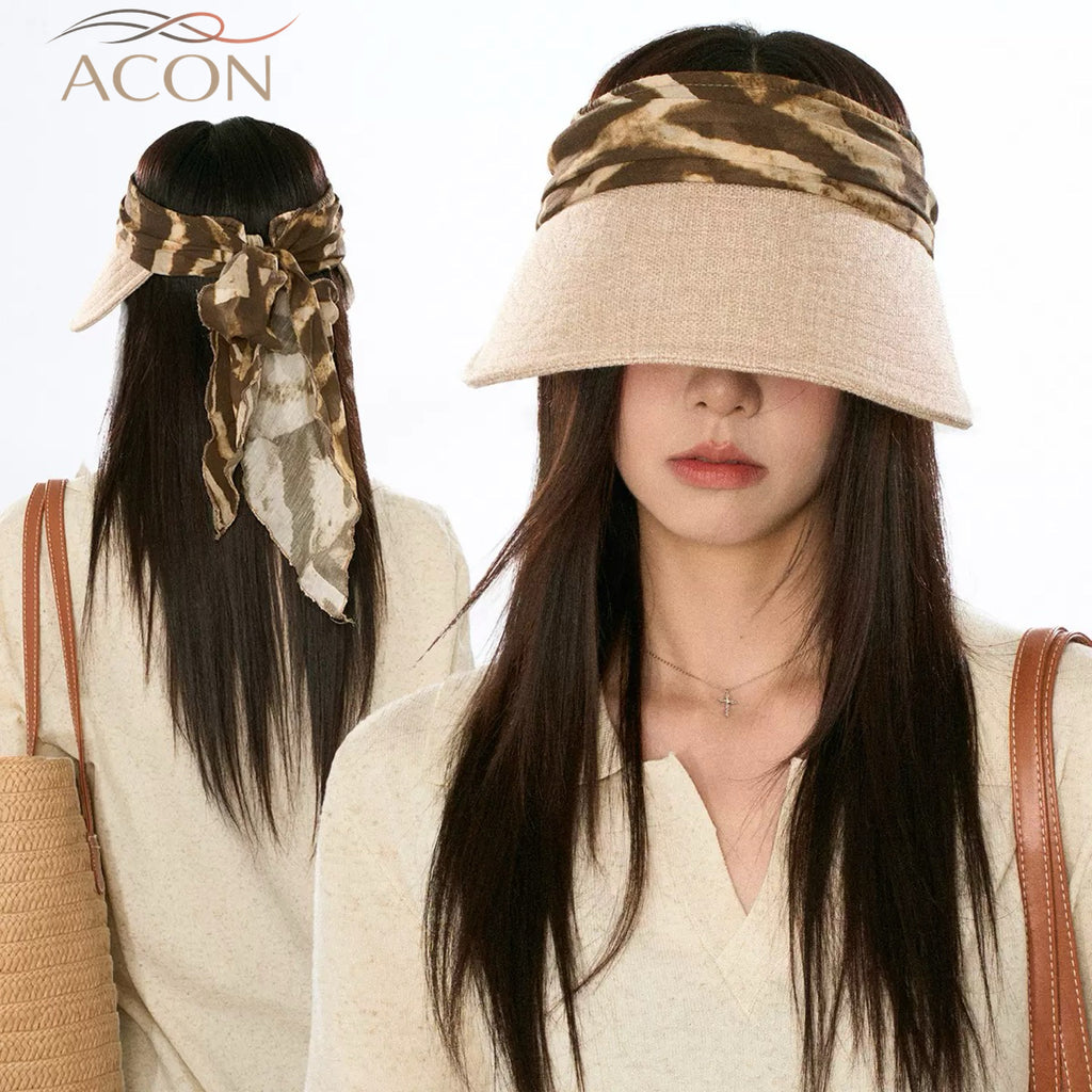 ACON Vacation Scarf Tie Back Wide Brim Sun Visor, Women Open Top UV Protection Beach Hat, Vintage Print Ribbon Bow Summer Travel Visor