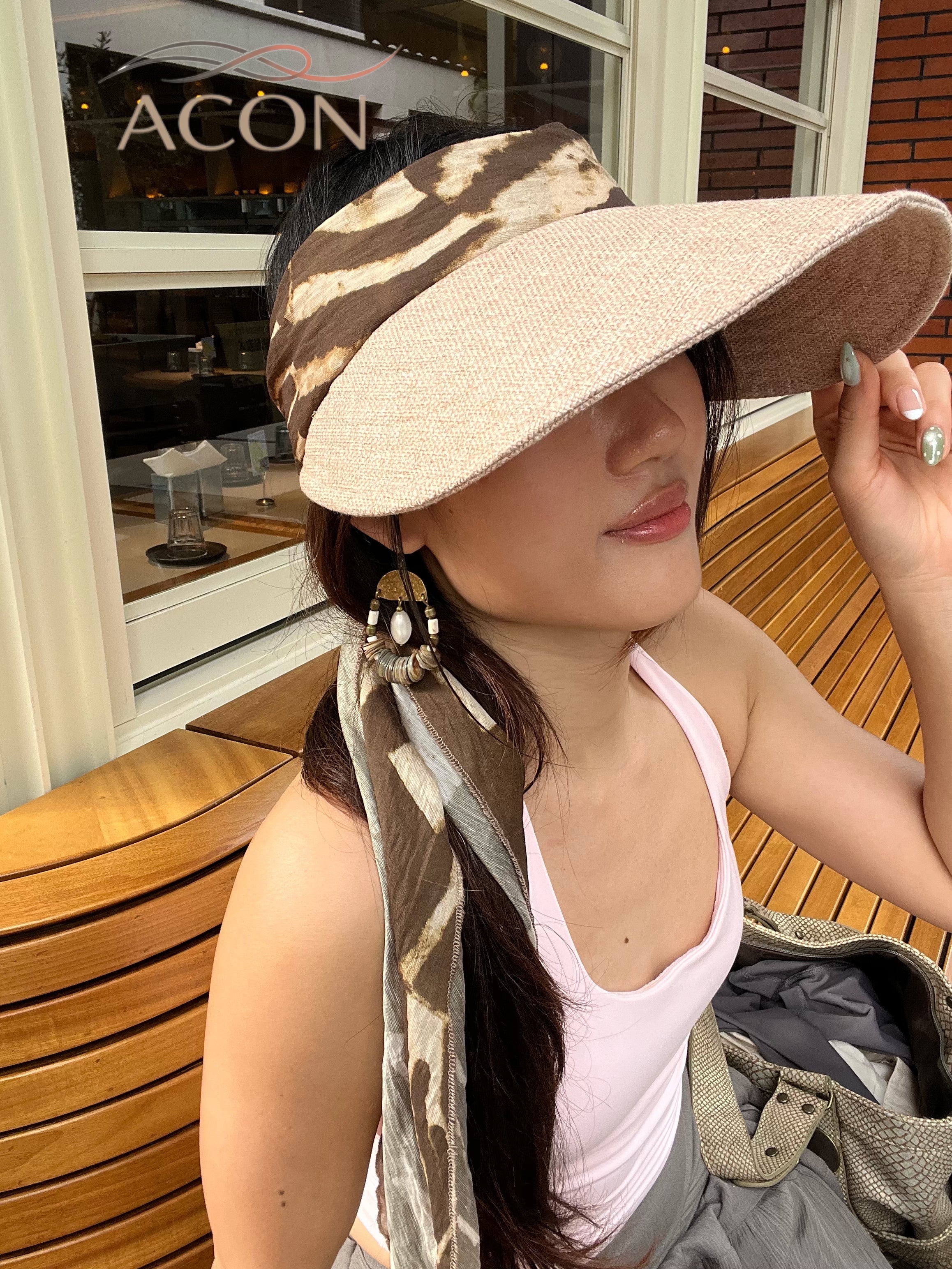 ACON Vacation Scarf Tie Back Wide Brim Sun Visor, Women Open Top UV Protection Beach Hat, Vintage Print Ribbon Bow Summer Travel Visor