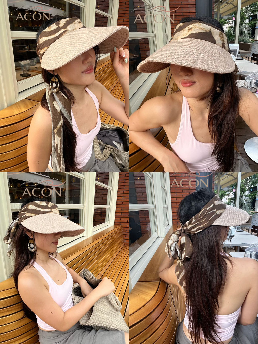 ACON Vacation Scarf Tie Back Wide Brim Sun Visor, Women Open Top UV Protection Beach Hat, Vintage Print Ribbon Bow Summer Travel Visor