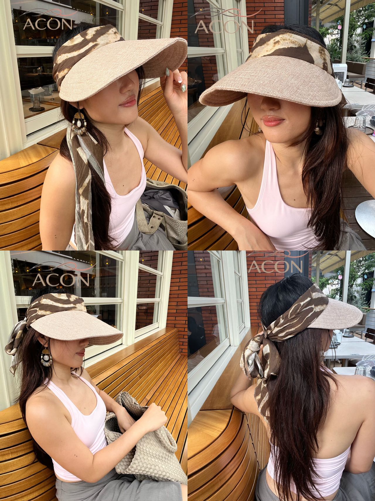 ACON Vacation Scarf Tie Back Wide Brim Sun Visor, Women Open Top UV Protection Beach Hat, Vintage Print Ribbon Bow Summer Travel Visor