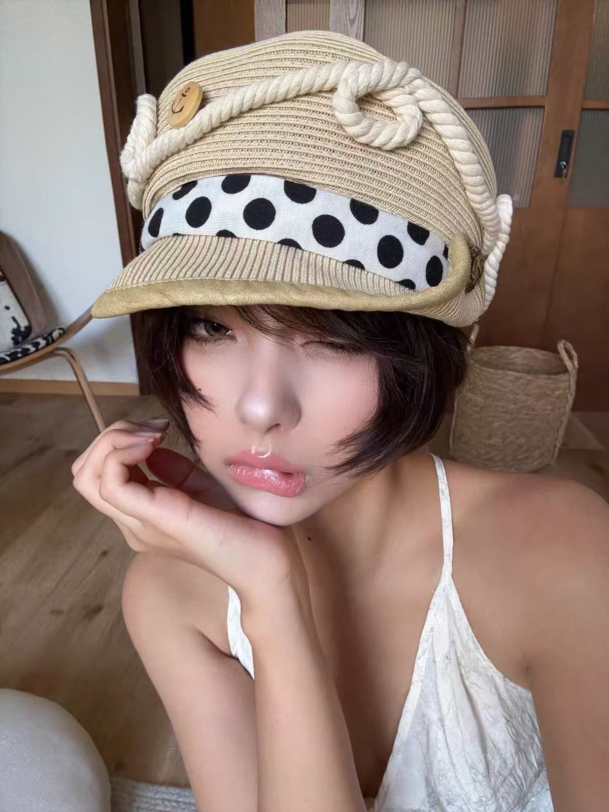 ACON Vintage Straw Baker Boy Cap for Women | Breathable Polka Dot Newsboy Hat with Nautical Rope Detail | 58–60 cm