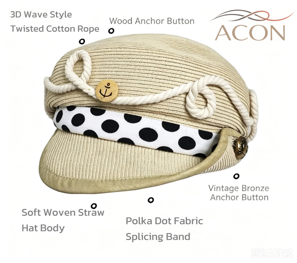 ACON Vintage Straw Baker Boy Cap for Women | Breathable Polka Dot Newsboy Hat with Nautical Rope Detail | 58–60 cm
