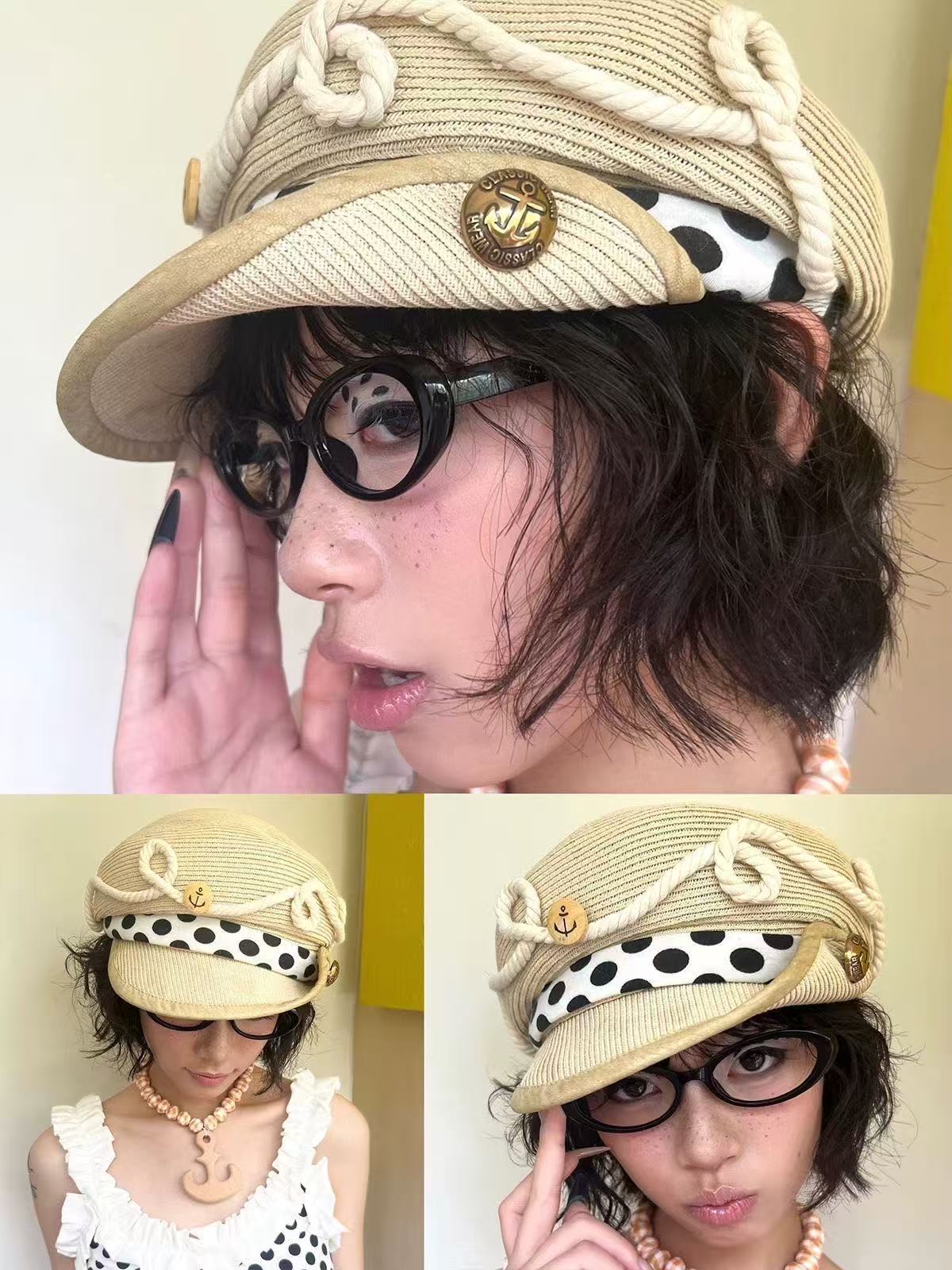 ACON Vintage Straw Baker Boy Cap for Women | Breathable Polka Dot Newsboy Hat with Nautical Rope Detail | 58–60 cm