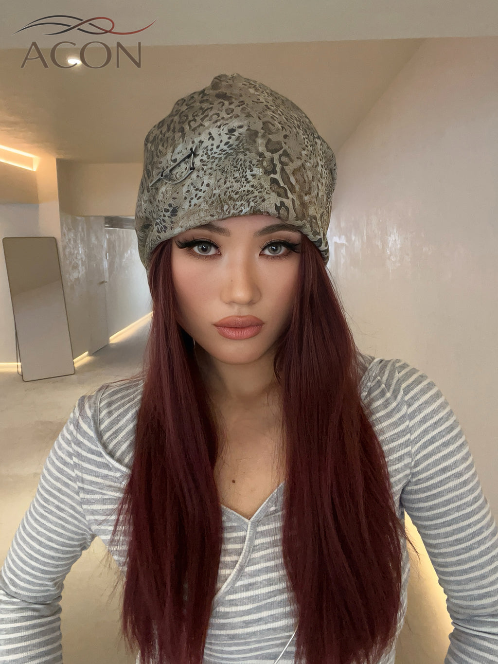 ACON Vintage Leopard Print Slouchy Beanie – Double Layer Cotton Warm Hat for Women