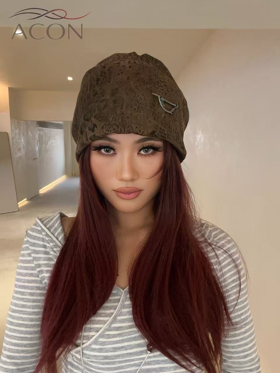 ACON Vintage Leopard Print Slouchy Beanie – Double Layer Cotton Warm Hat for Women