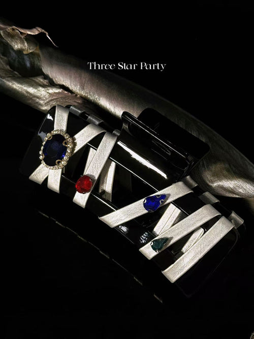 ACON Architectural Linear Clip | Leather Band with Colorful Gemstones for Voluminous Hair