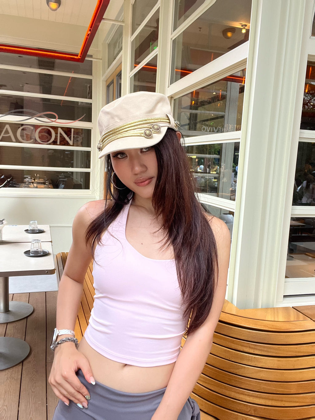 ACON Vintage British Military Cap for Women | Breathable Canvas Cadet Hat with Gold Trim & Adjustable Fit