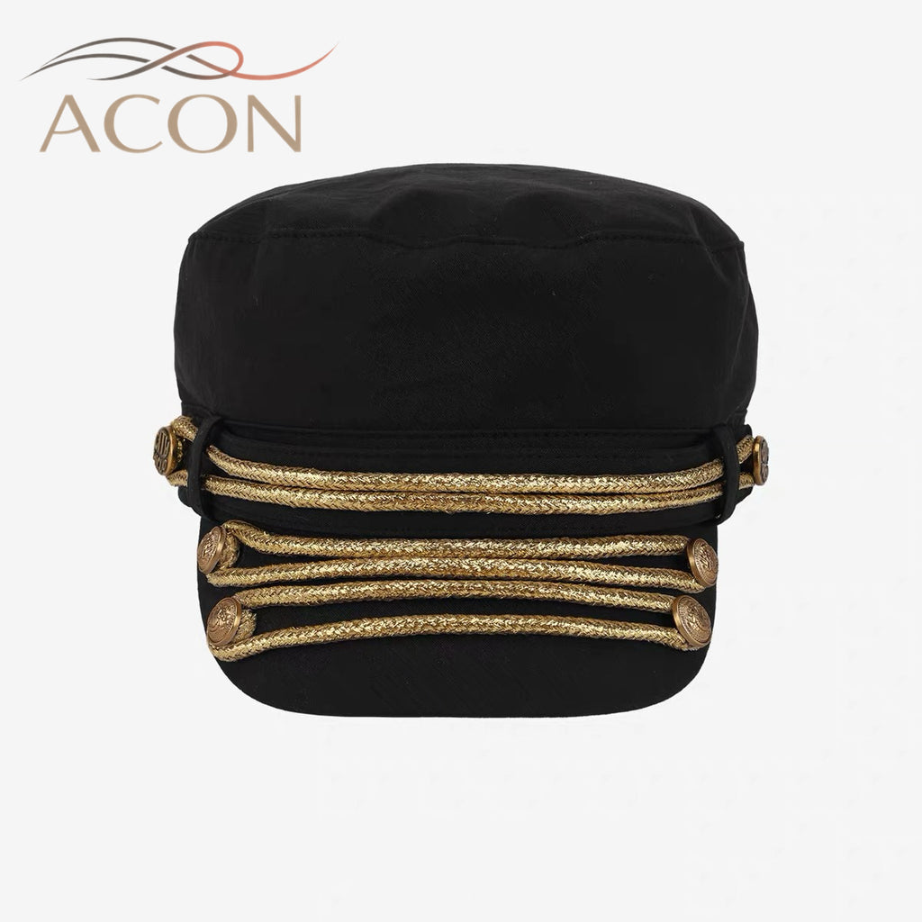 ACON Vintage British Military Cap for Women | Breathable Canvas Cadet Hat with Gold Trim & Adjustable Fit