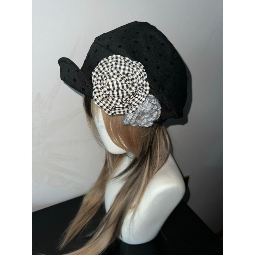 ACON Vintage Plaid & Polka Dot Ruched Cloud Hat Retro Plaid Polka Dot Soft Ruched Hat