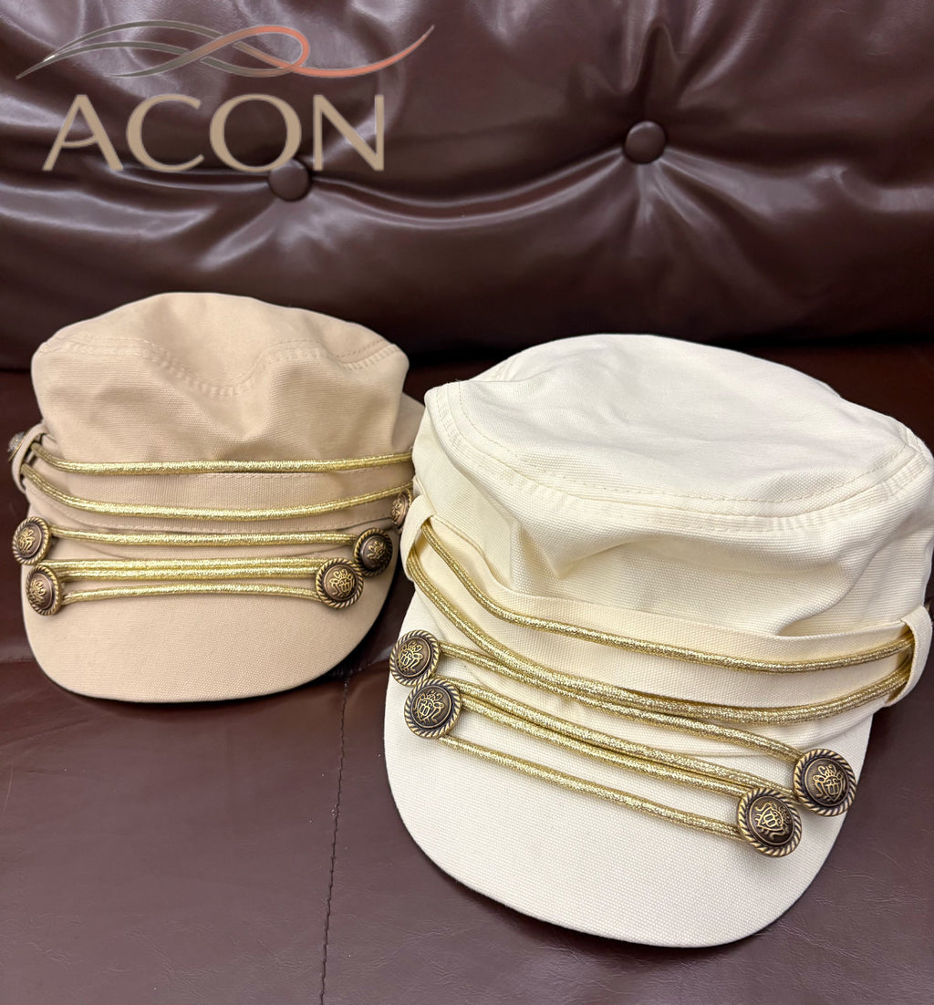 ACON Vintage British Military Cap for Women | Breathable Canvas Cadet Hat with Gold Trim & Adjustable Fit
