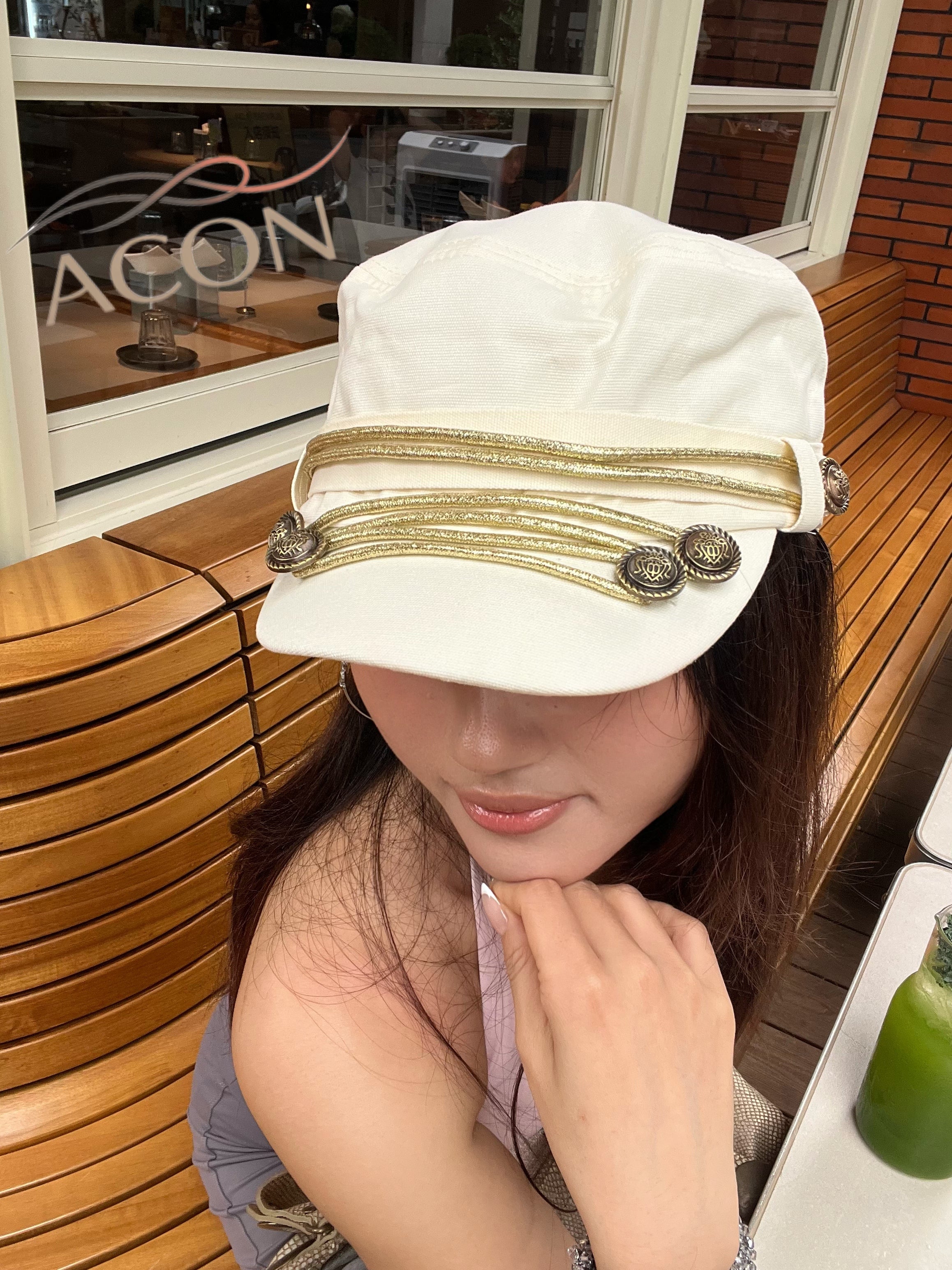 ACON Vintage British Military Cap for Women | Breathable Canvas Cadet Hat with Gold Trim & Adjustable Fit