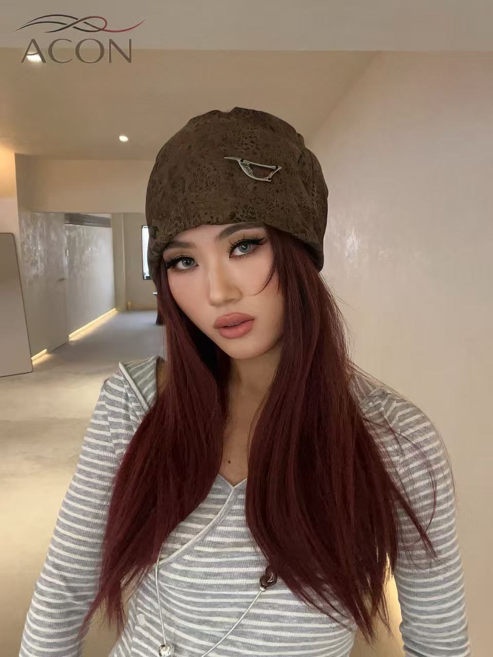 ACON Vintage Leopard Print Slouchy Beanie – Double Layer Cotton Warm Hat for Women