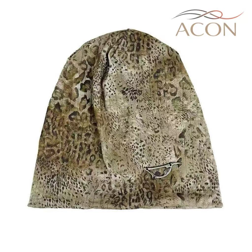 ACON Vintage Leopard Print Slouchy Beanie – Double Layer Cotton Warm Hat for Women