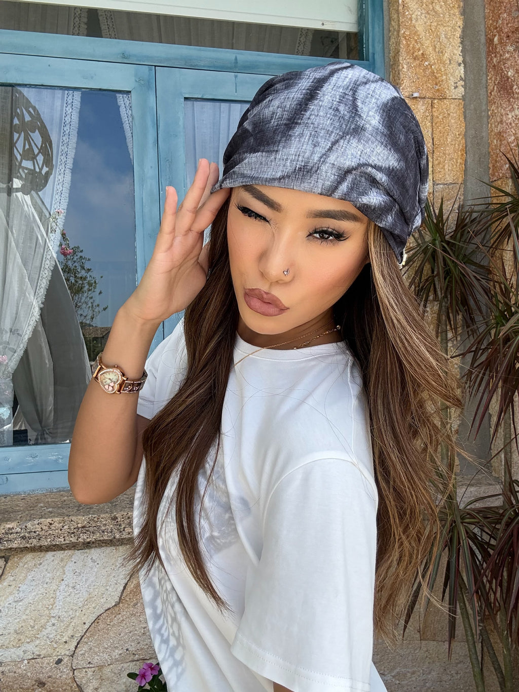 Vintage Paisley Mesh Slouchy Beanie – Navy Blue | ACON