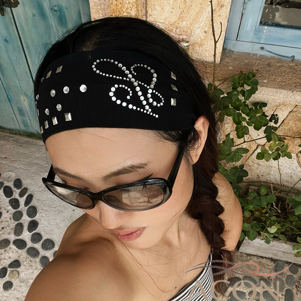 ACON Luxury Crystal Studded Stretch Headband | Ribbed Cotton Hair Band for Women