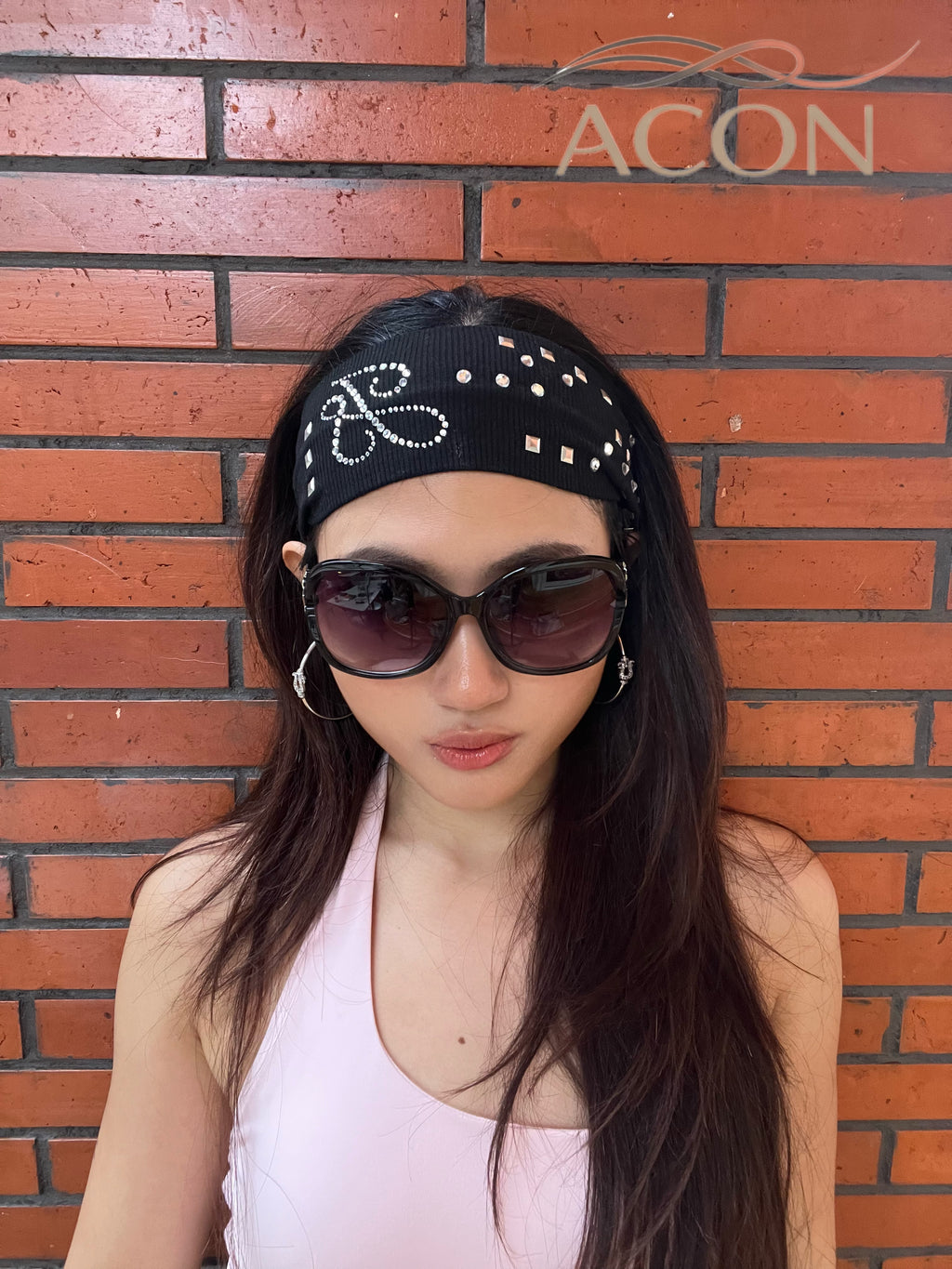 ACON Luxury Crystal Studded Stretch Headband | Ribbed Cotton Hair Band for Women