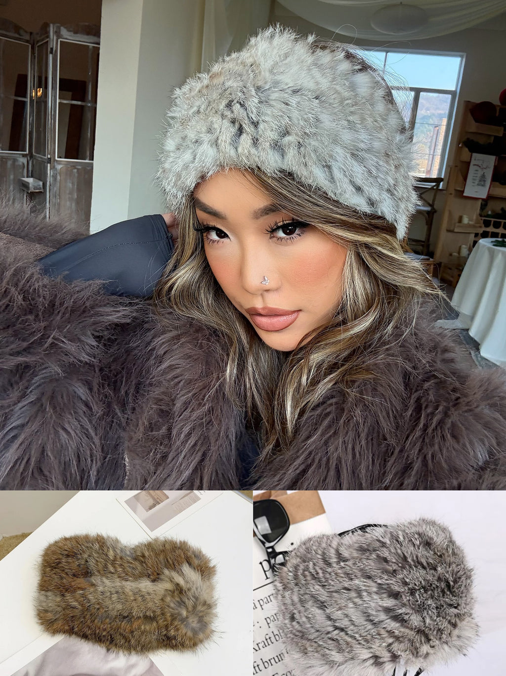 ACON Faux Fur Headband with Elastic for Women's Winter Earwarmer Earmuff