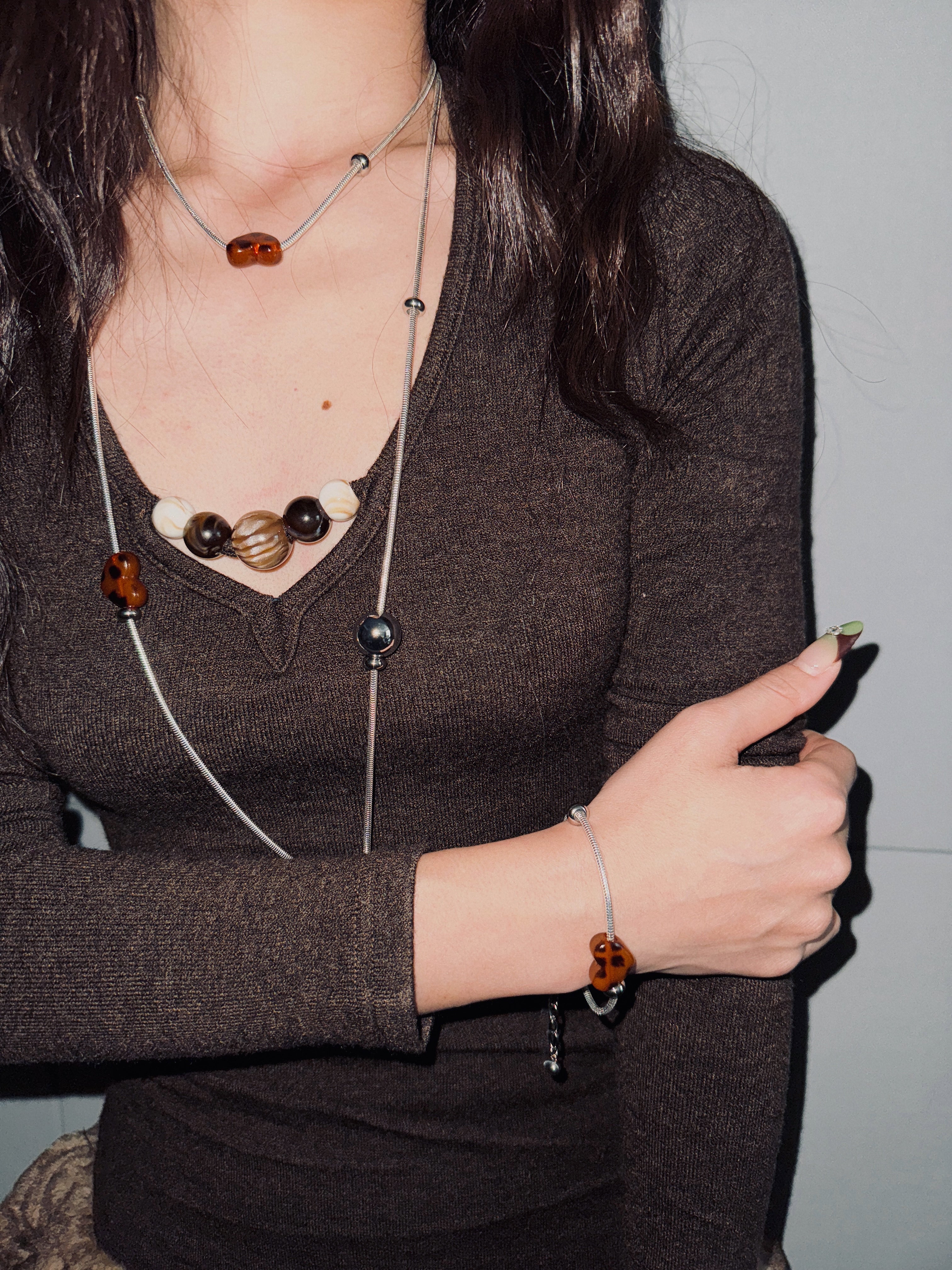 ACON Geometric Asymmetric Double-Layer Necklace| Leopard Print Heart Charm | Minimalist Women's Pendant