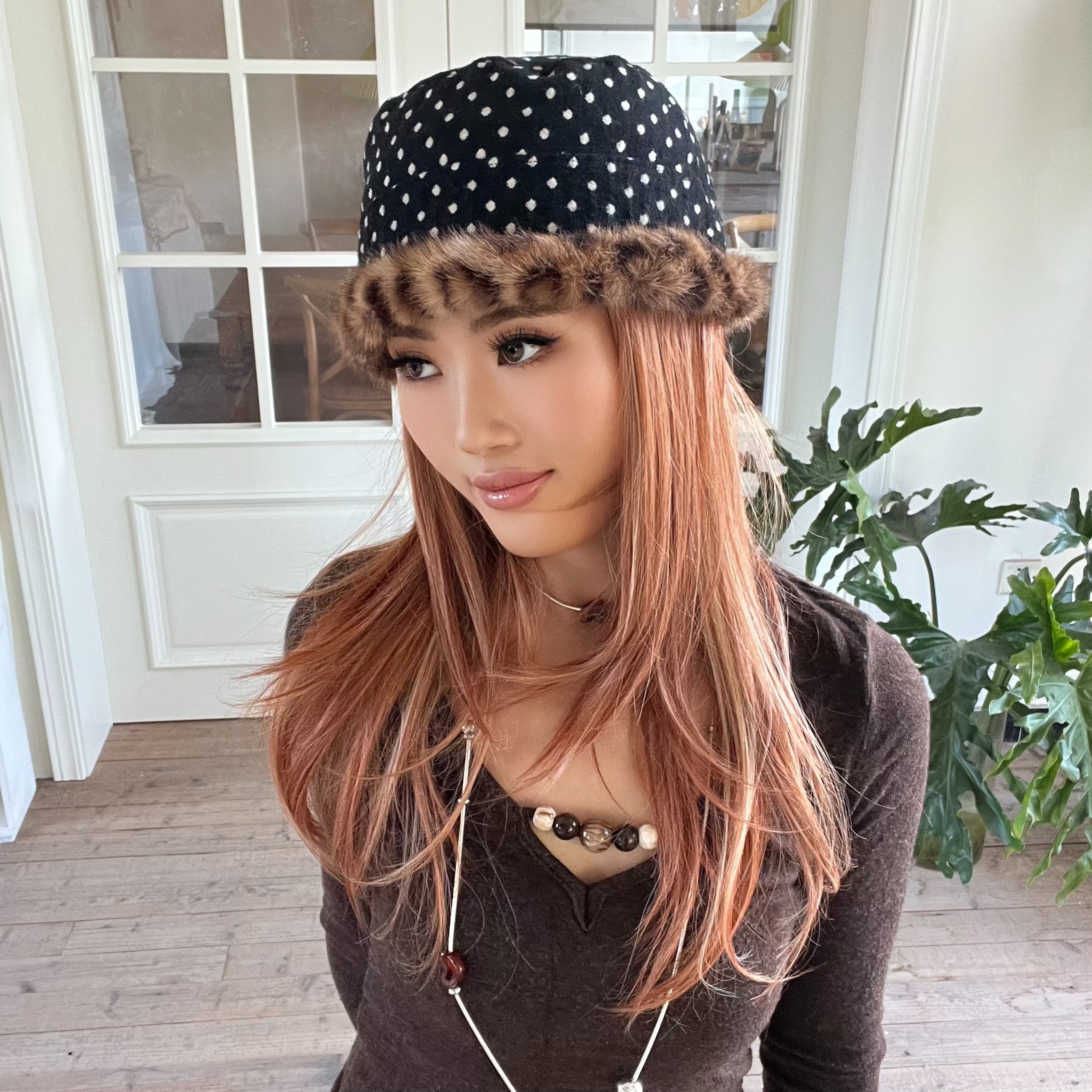 ACON DUAL ANIMAL PATTERN LEOPARD FAUX FUR FUZZY  BUKET HAT