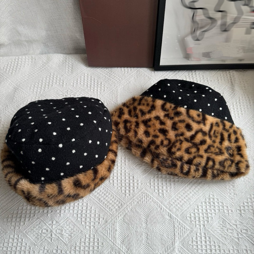 ACON DUAL ANIMAL PATTERN LEOPARD FAUX FUR FUZZY  BUKET HAT