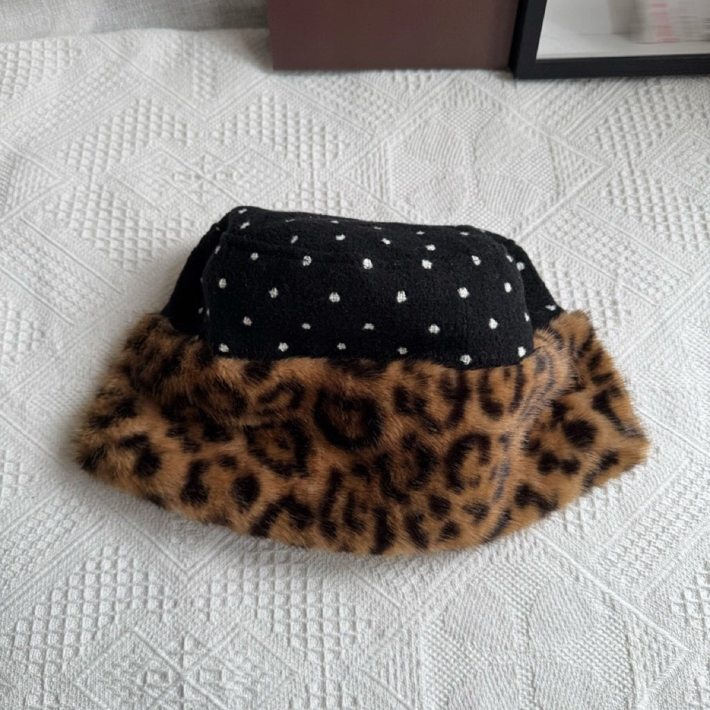 ACON DUAL ANIMAL PATTERN LEOPARD FAUX FUR FUZZY  BUKET HAT