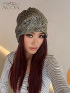 ACON Vintage Leopard Print Slouchy Beanie – Double Layer Cotton Warm Hat for Women