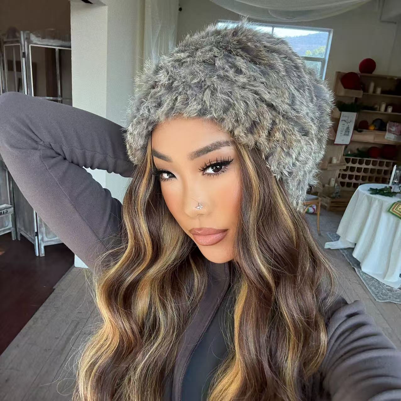 ACON Women's Leopard Faux Fur Hats Fluff Russian Style for Winter