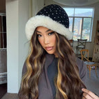 ACON Faux Fur Polka Dot Fabric Hat With White Fur Brim Fluffy Hat For Winter