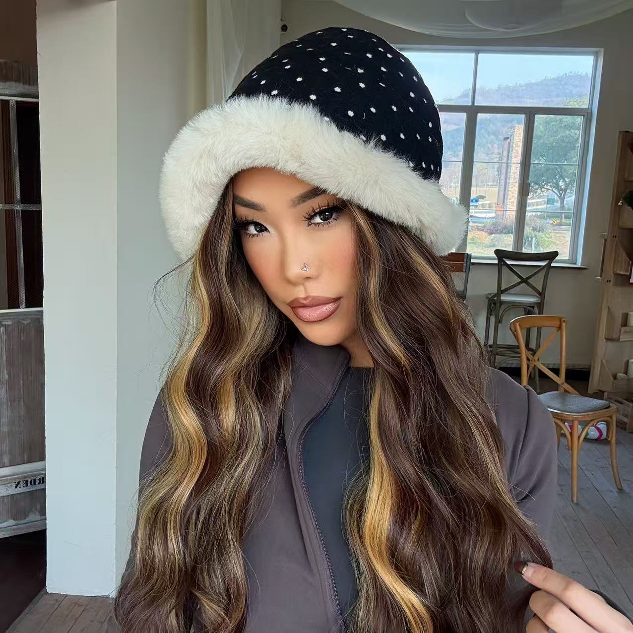 ACON Faux Fur Polka Dot Fabric Hat With White Fur Brim Fluffy Hat For Winter