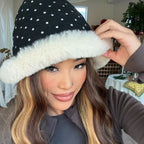 ACON Faux Fur Polka Dot Fabric Hat With White Fur Brim Fluffy Hat For Winter