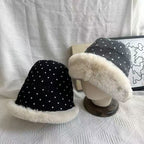 ACON Faux Fur Polka Dot Fabric Hat With White Fur Brim Fluffy Hat For Winter