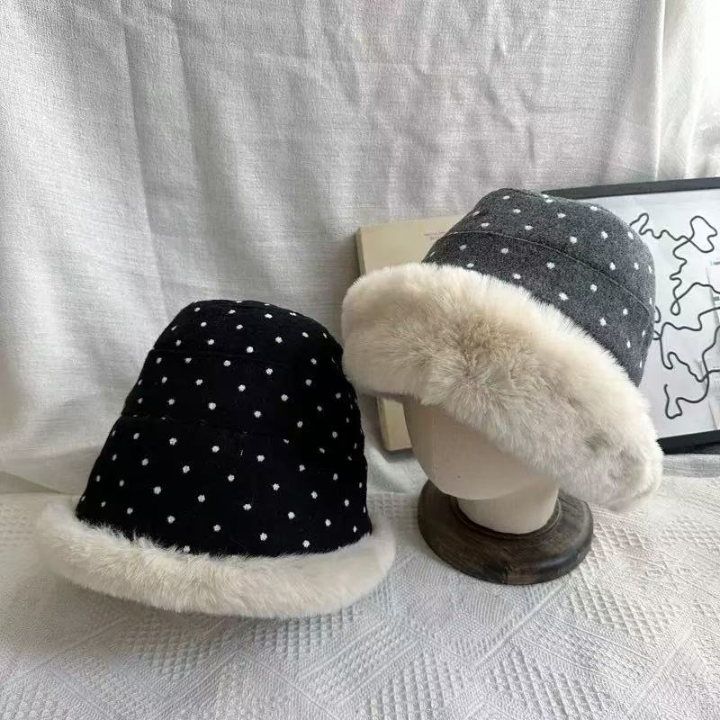 ACON Faux Fur Polka Dot Fabric Hat With White Fur Brim Fluffy Hat For Winter